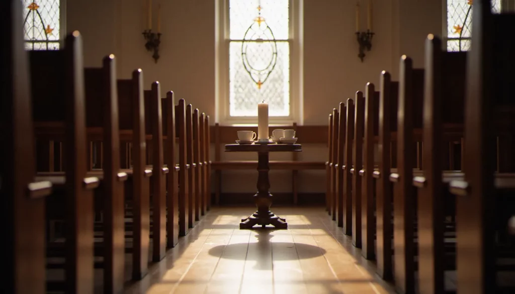 Salle paroissiale lumineuse avec chaises disposées en cercle et bougie allumée au centre, évoquant une réunion des alcooliques anonymes dans un cadre spirituel recueilli