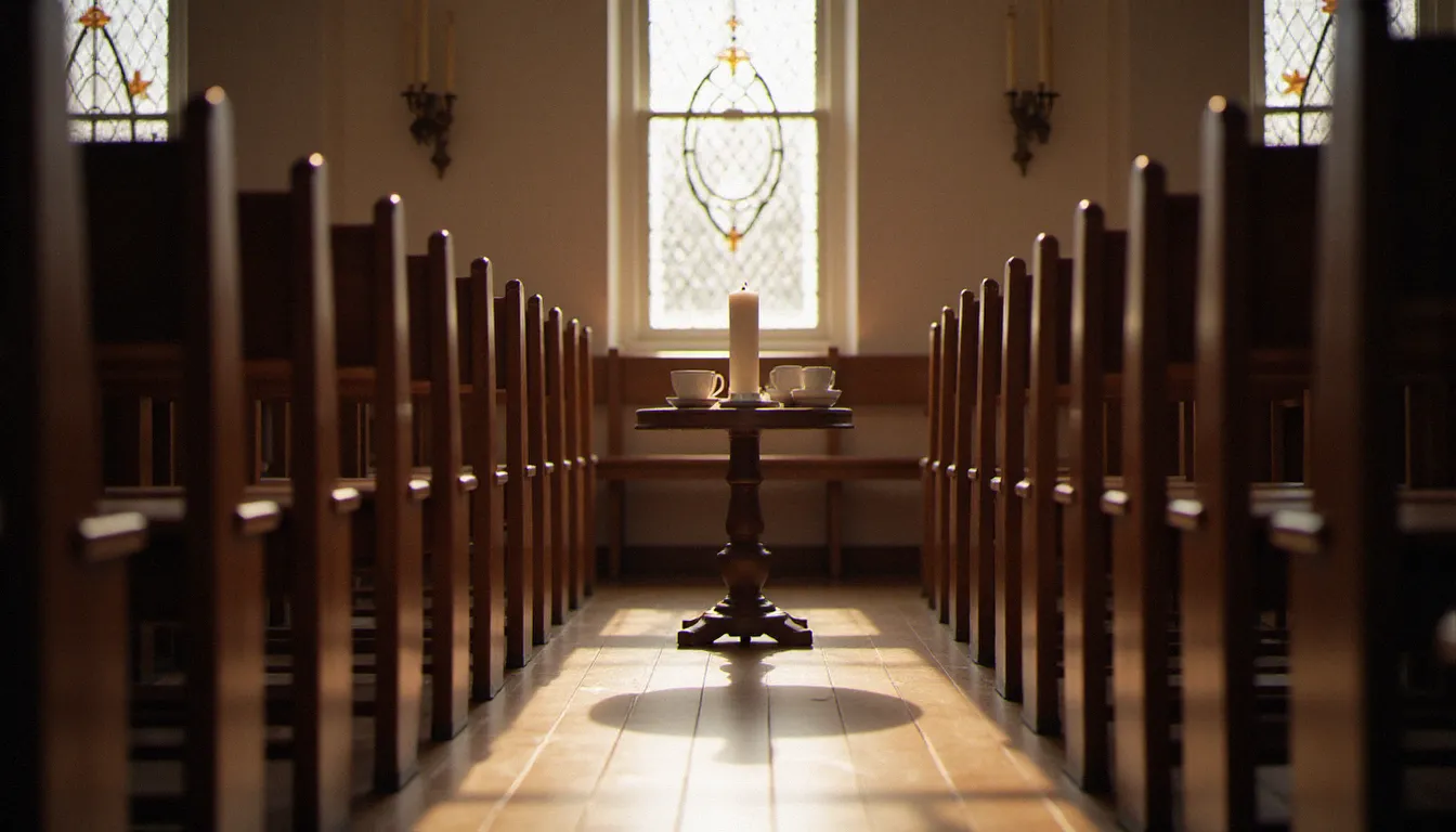 Salle paroissiale lumineuse avec chaises disposées en cercle et bougie allumée au centre, évoquant une réunion des alcooliques anonymes dans un cadre spirituel recueilli
