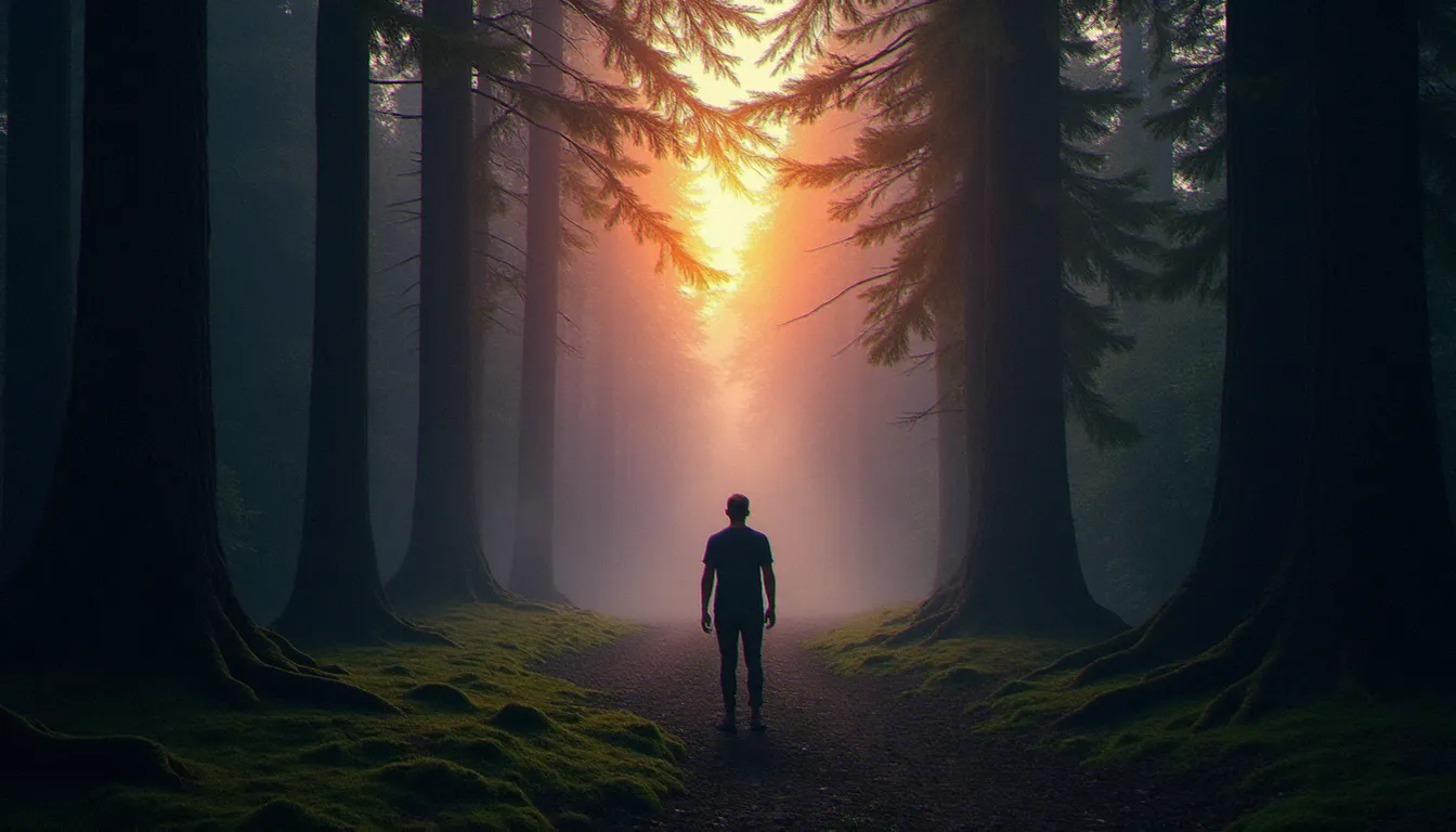 Silhouette contemplative dans une forêt au crépuscule illustrant l'expérience mystique immanente décrite par André Comte-Sponville dans L'Esprit de l'athéisme