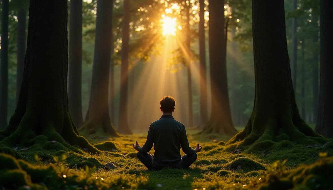 Silhouette d'une personne en contemplation silencieuse dans une forêt au crépuscule, illustrant l'expérience de plénitude décrite par André Comte-Sponville
