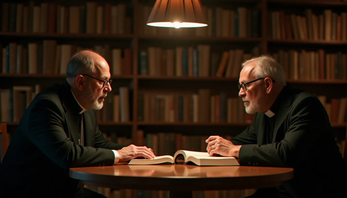 Dialogue entre un théologien et un philosophe laïc dans une bibliothèque, illustrant la rencontre possible entre spiritualité chrétienne et pensée d'André Comte-Sponville