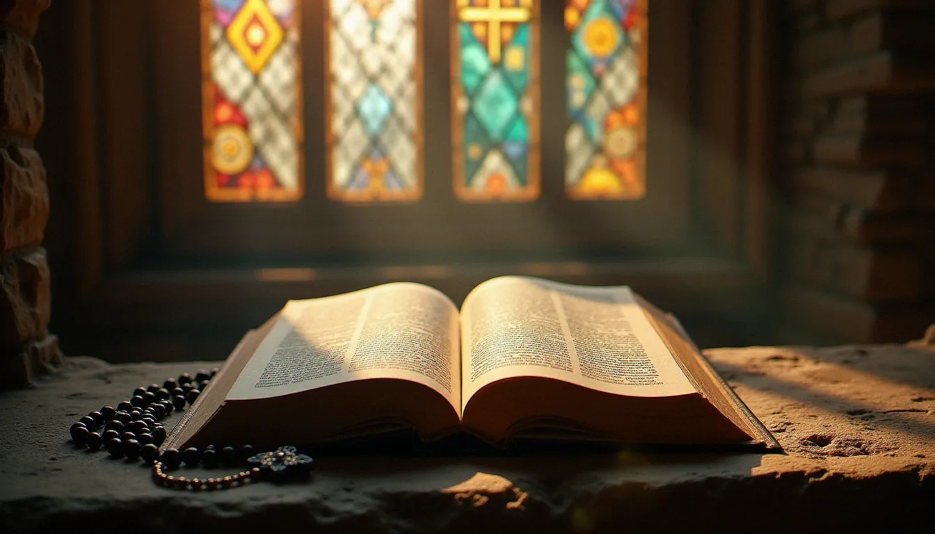 Livre ouvert sur un rebord d'église avec lumière de vitrail, symbolisant le dialogue entre la philosophie d'André Comte-Sponville et la spiritualité chrétienne
