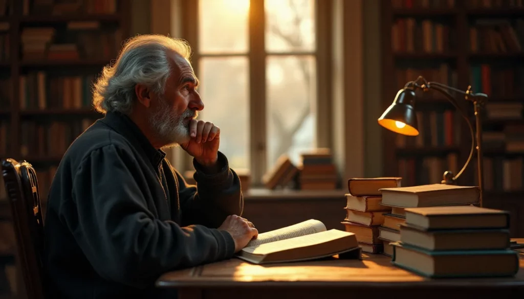 Portrait d'un philosophe contemplatif lisant à son bureau, évoquant la démarche intellectuelle et spirituelle d'André Comte-Sponville