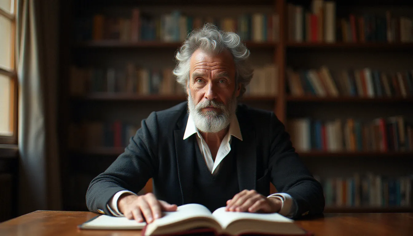 Portrait contemplatif évoquant André Comte-Sponville, philosophe français, lisant dans une bibliothèque à la lumière naturelle