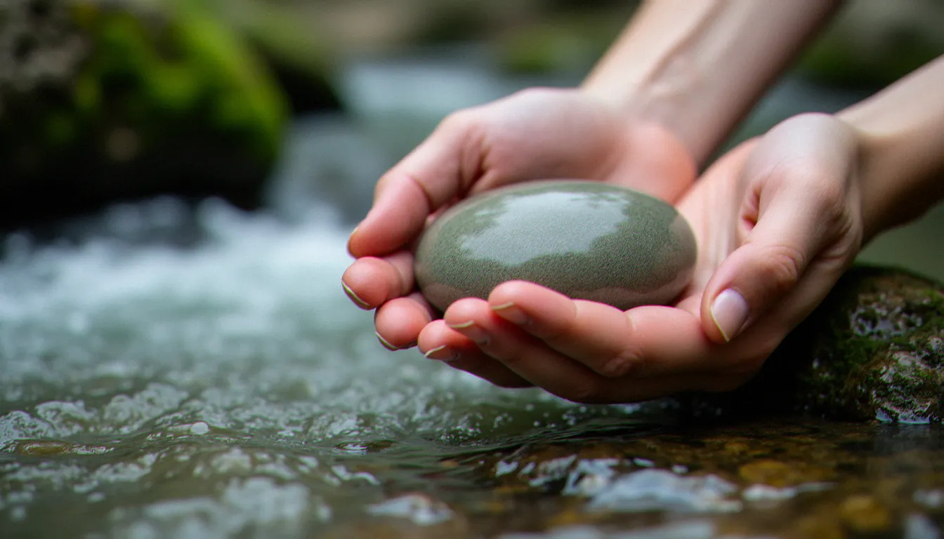 Mains tenant une pierre de rivière au-dessus de l'eau courante, symbole des croyances animistes sur la présence d'esprits dans les éléments naturels
