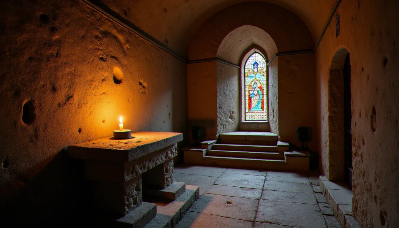 Intérieur d'une chapelle romane avec une bougie allumée sur l'autel, illustrant le dialogue entre spiritualité chrétienne et quête du sacré dans la tradition animiste