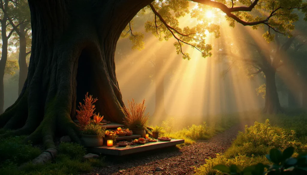 Forêt ancienne au lever du soleil avec un autel naturel au pied d'un chêne, évoquant une spiritualité animiste en lien avec la nature