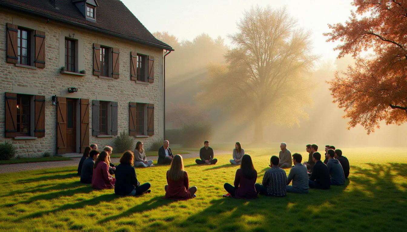 Domaine rural en Auvergne avec participants à un séminaire spirituel en plein air, évoquant l'atmosphère du Bost fondé par Arnaud Desjardins dans l'Allier