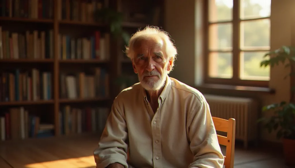 Portrait d'un maître spirituel français en méditation silencieuse, évoquant la figure d'Arnaud Desjardins dans son contexte d'enseignement intérieur