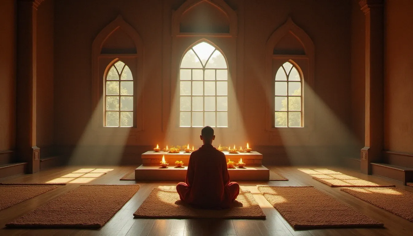Salle de méditation intérieure d'un ashram traditionnel avec lampes à huile allumées et nattes en roseau, un méditant en silence face à un autel fleuri de soucis