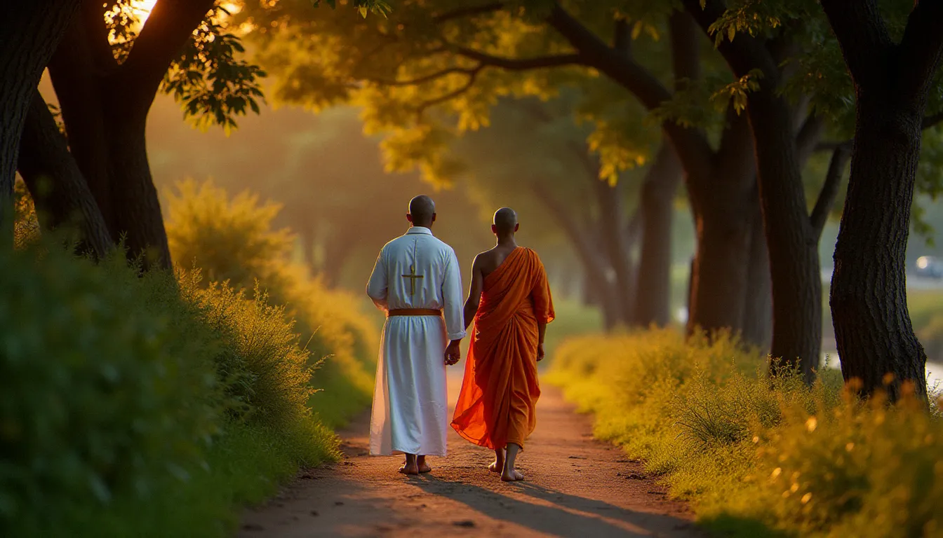 Un moine chrétien en habit bénédictin blanc et un enseignant indien en dhoti safran marchant ensemble sous les manguiers au crépuscule, symbolisant le dialogue entre ashram et tradition monastique chrétienne