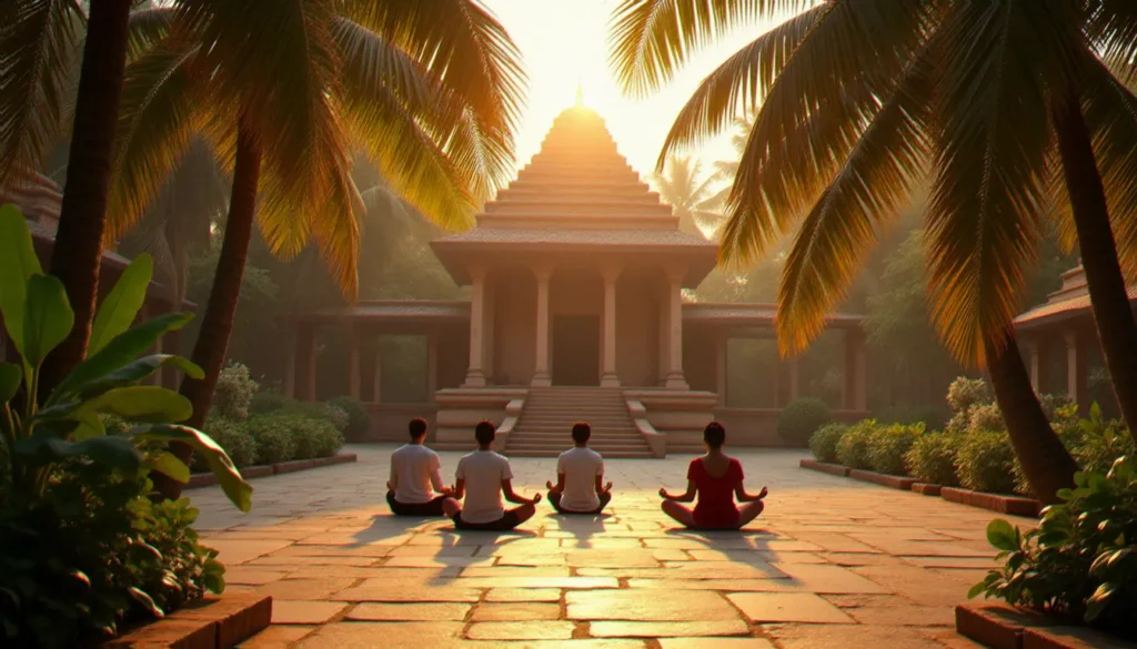 Cour d'un ashram en Inde au lever du soleil avec des méditants assis en silence entourés d'un jardin tropical, illustrant la vie spirituelle dans un ashram traditionnel