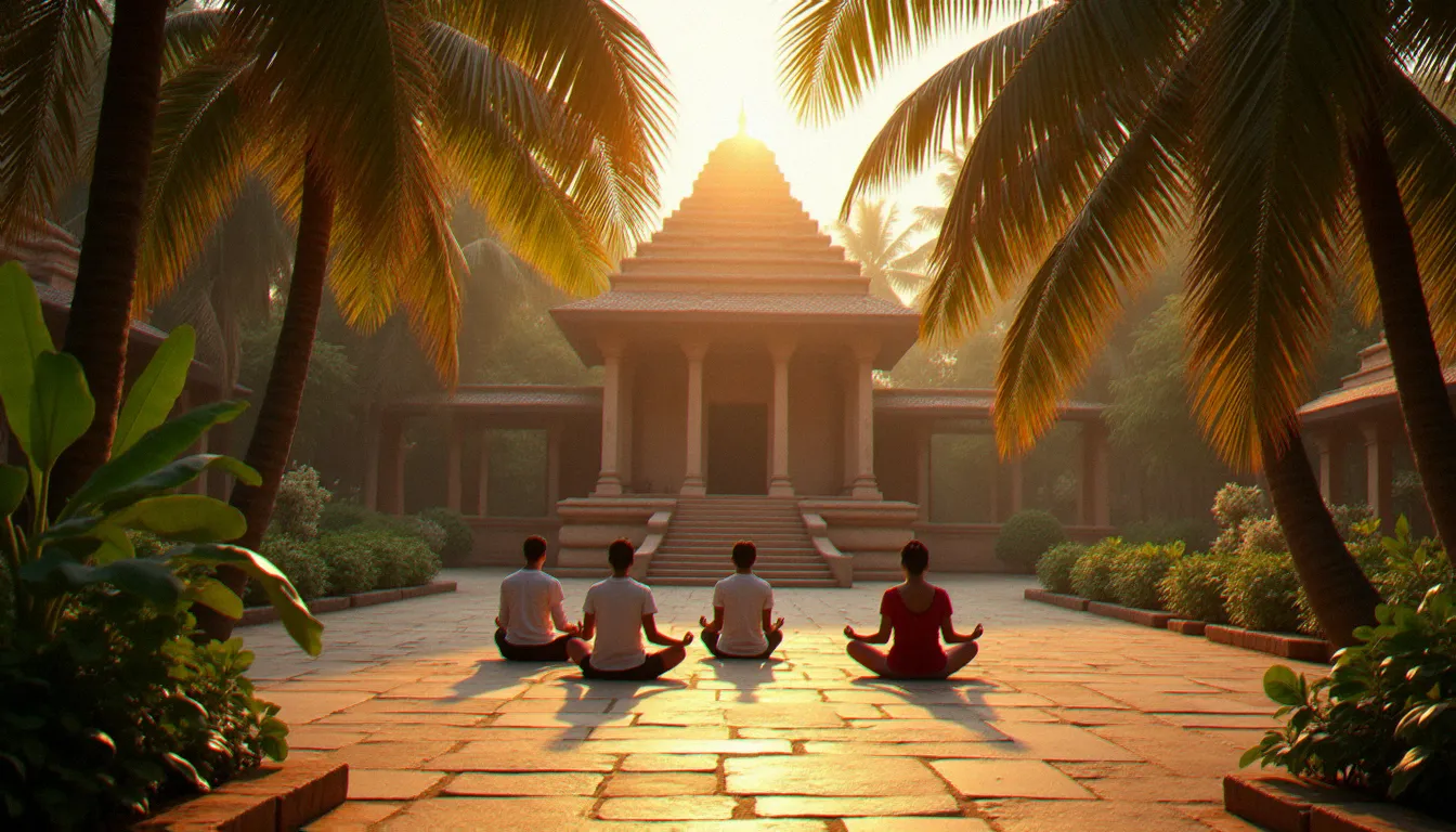 Cour d'un ashram en Inde au lever du soleil avec des méditants assis en silence entourés d'un jardin tropical, illustrant la vie spirituelle dans un ashram traditionnel