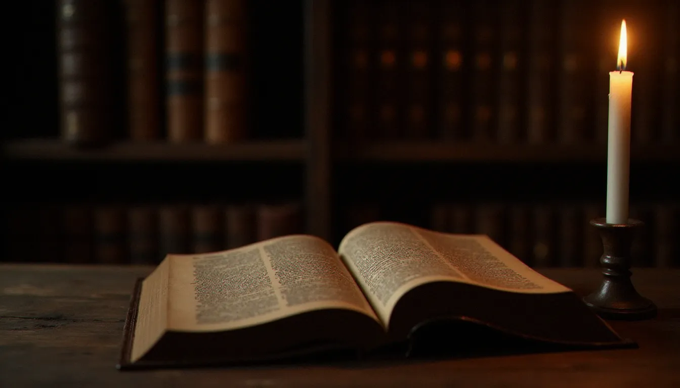 Livre de théologie ouvert à la lumière d'une bougie dans une bibliothèque ancienne, illustrant le dialogue historique de l'Église avec l'athéisme