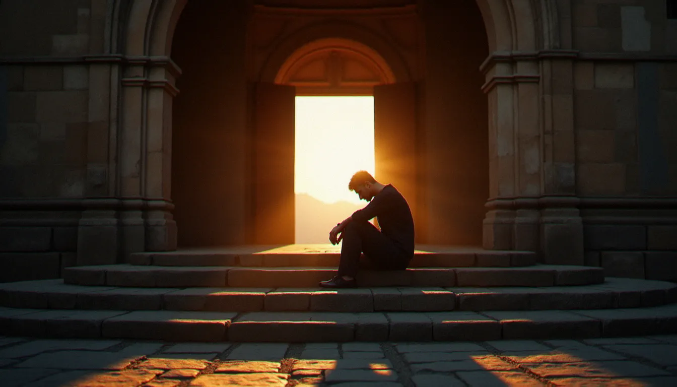 Une personne en contemplation solitaire sur les marches d'une église au crépuscule, évoquant la rencontre entre athéisme et quête spirituelle
