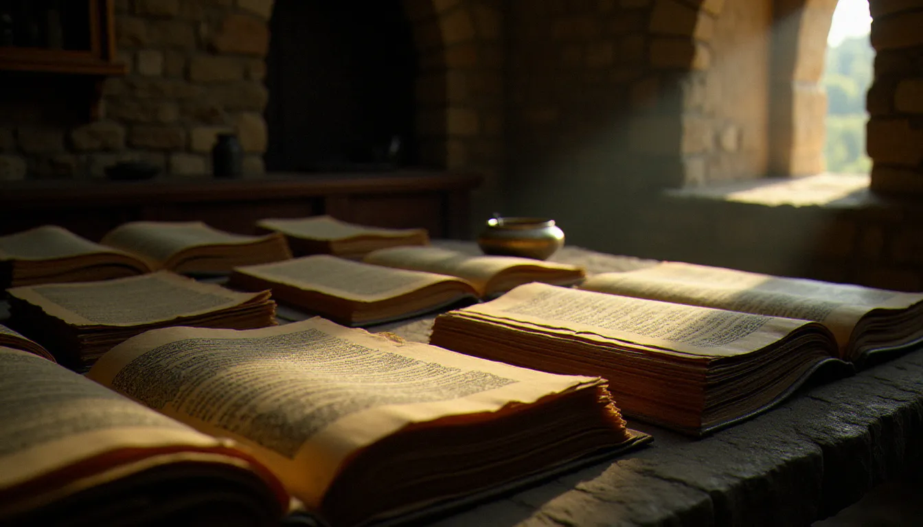 Manuscrits enluminés et codices anciens ouverts sur une table de scriptorium médiéval baignée de lumière naturelle, symboles de la transmission et de l'autorité des textes spirituels chrétiens