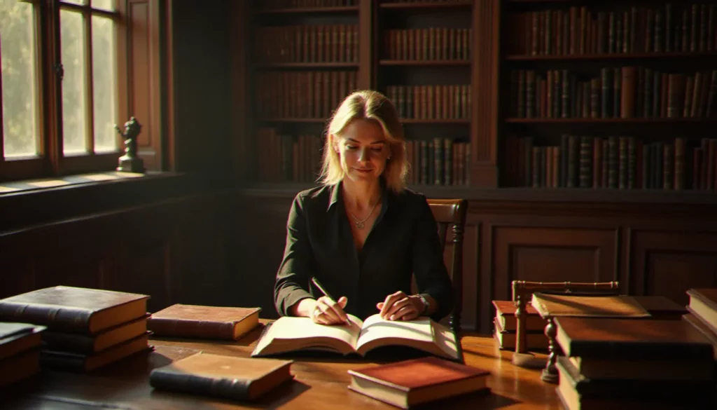 Une femme studieuse comparant des ouvrages théologiques anciens dans une bibliothèque chaleureuse, illustrant la démarche de discernement de l'autorité en sciences de l'information appliquée aux textes spirituels