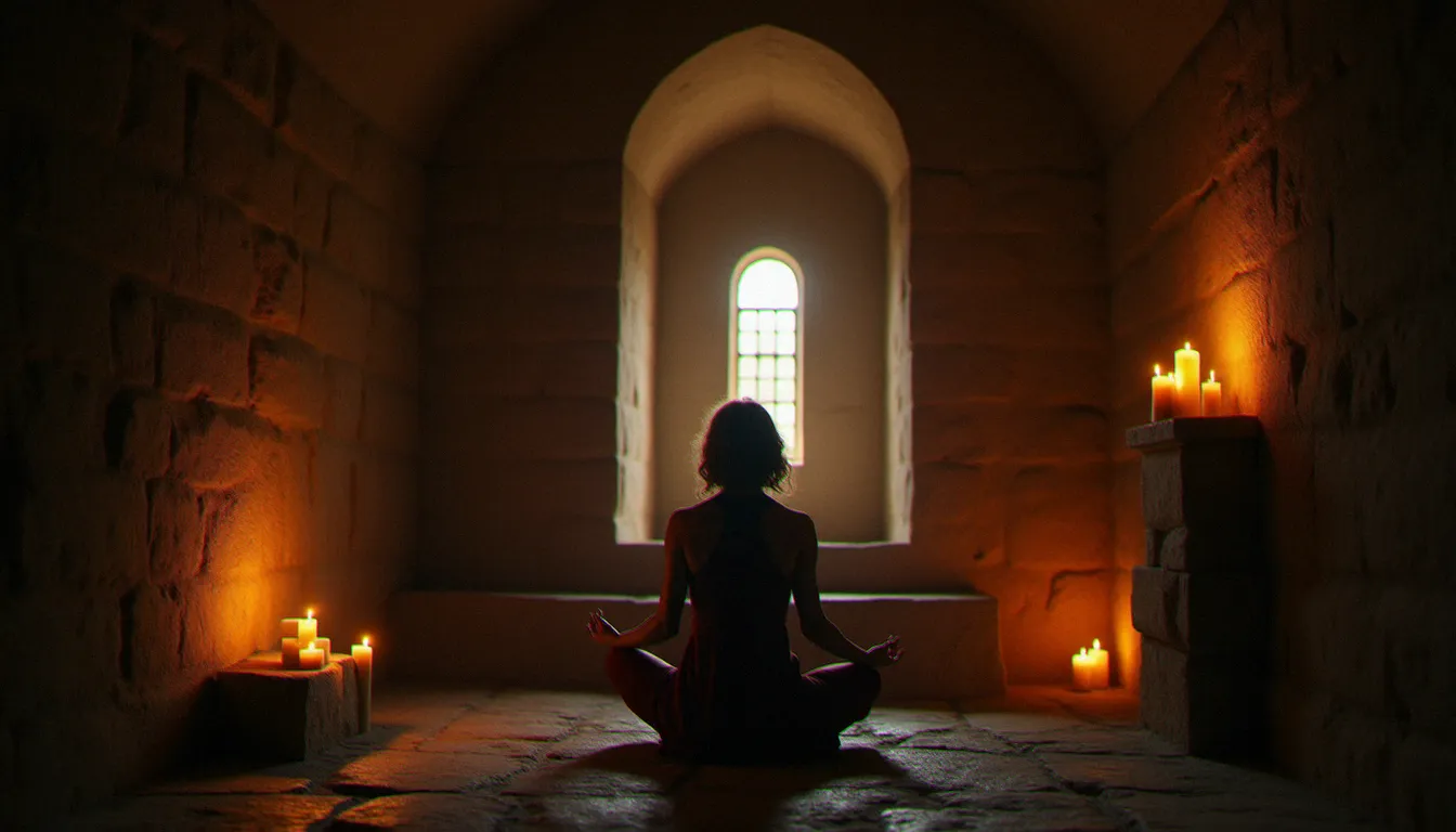 Personne en prière silencieuse dans une chapelle romane éclairée aux bougies, illustrant la durée bergsonienne vécue dans la contemplation
