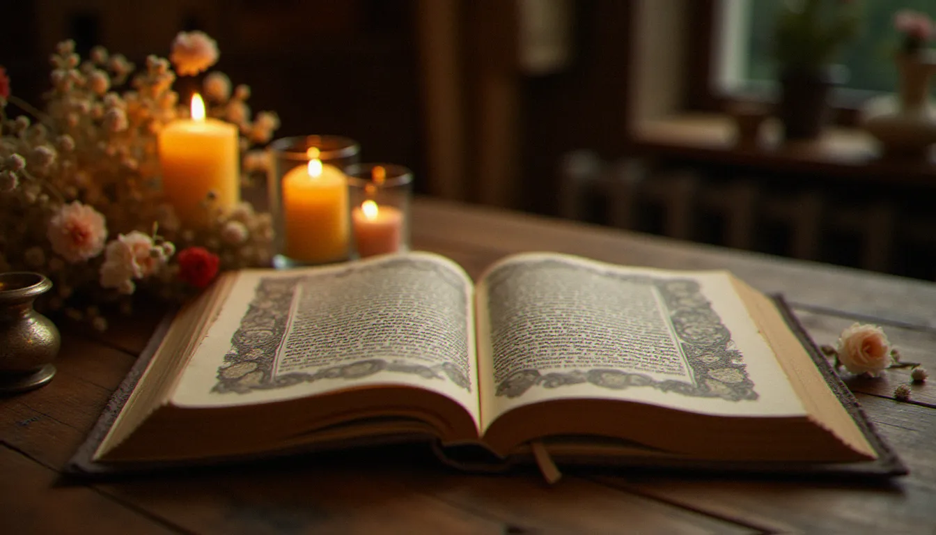 Manuscrit ancien ouvert sur une table de monastère avec bougie et fleurs séchées, évoquant les sources mystiques chrétiennes explorées par Bergson dans Les Deux Sources