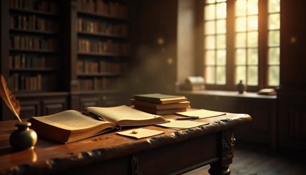 Bureau de philosophe ancien avec livres ouverts et lumière matinale dorée, évoquant l'univers de pensée de Bergson sur la durée et la vie intérieure