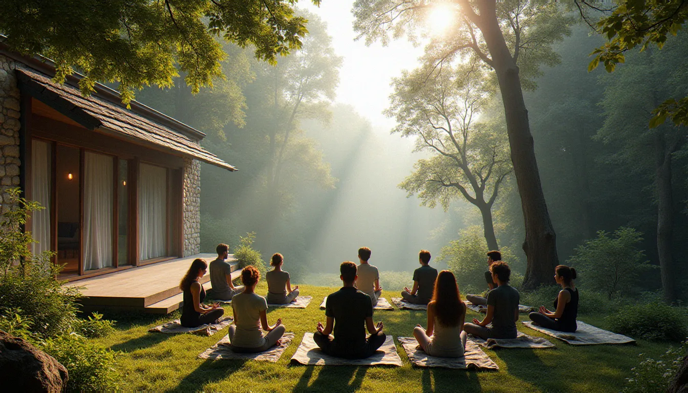 Retraite contemplative en France avec des participants en méditation silencieuse, lieu de rencontre entre pratiques spirituelles orientales et occidentales