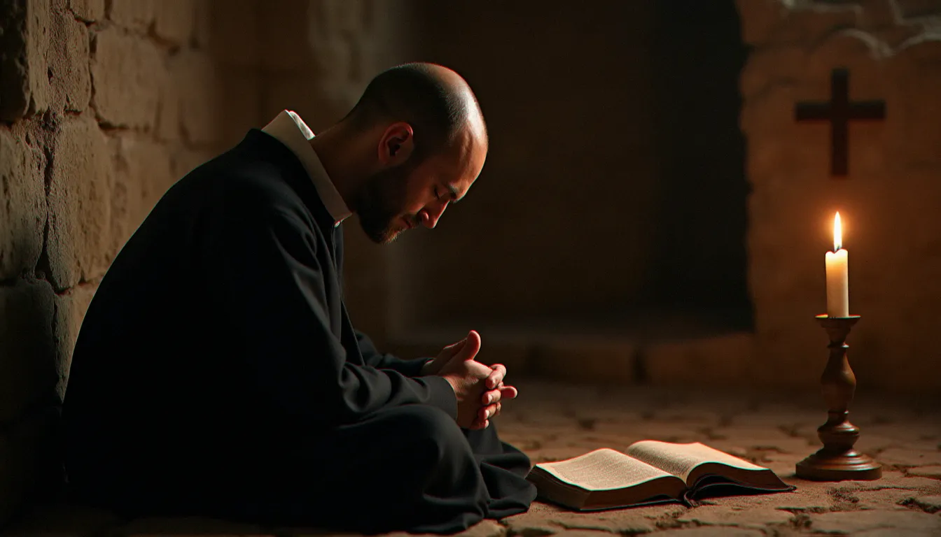 Moine catholique en prière silencieuse dans une cellule monastique, illustrant la contemplation chrétienne en réponse aux questions soulevées par le bouddhisme