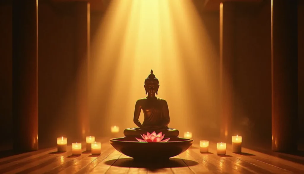 Salle de méditation bouddhiste avec statue du Bouddha en bronze, encens et fleurs de lotus, illustrant la pratique du bouddhisme