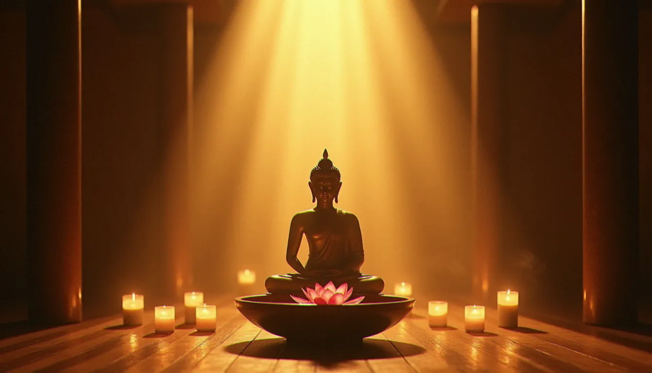 Salle de méditation bouddhiste avec statue du Bouddha en bronze, encens et fleurs de lotus, illustrant la pratique du bouddhisme