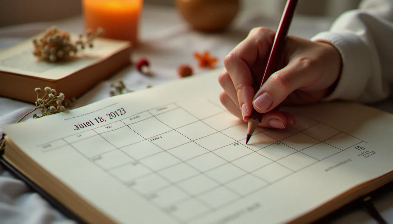 Main féminine inscrivant des dates liturgiques sur un calendrier vierge mensuel, entourée d'un missel et de fleurs séchées