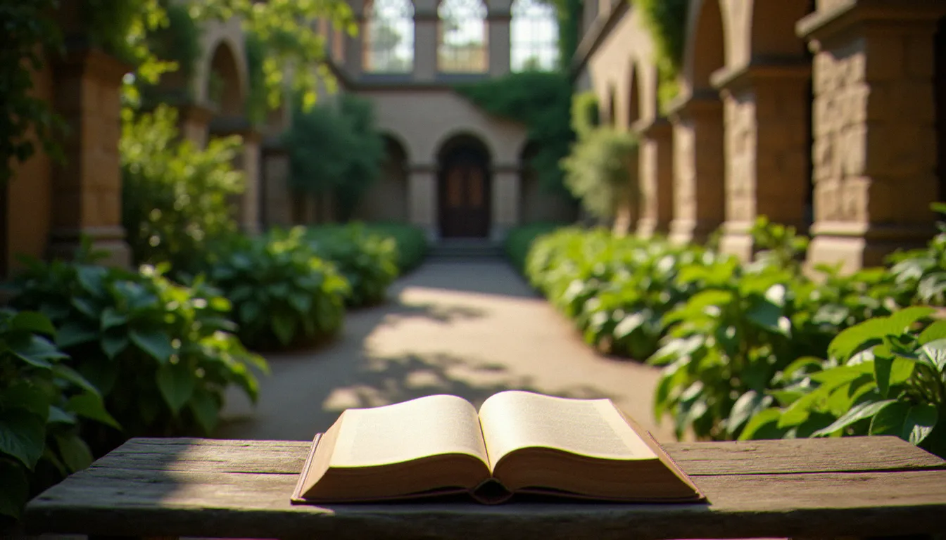 Cloître monastique en été baigné de lumière douce, avec un banc en bois portant un journal ouvert, évoquant le temps ordinaire dans la vie spirituelle