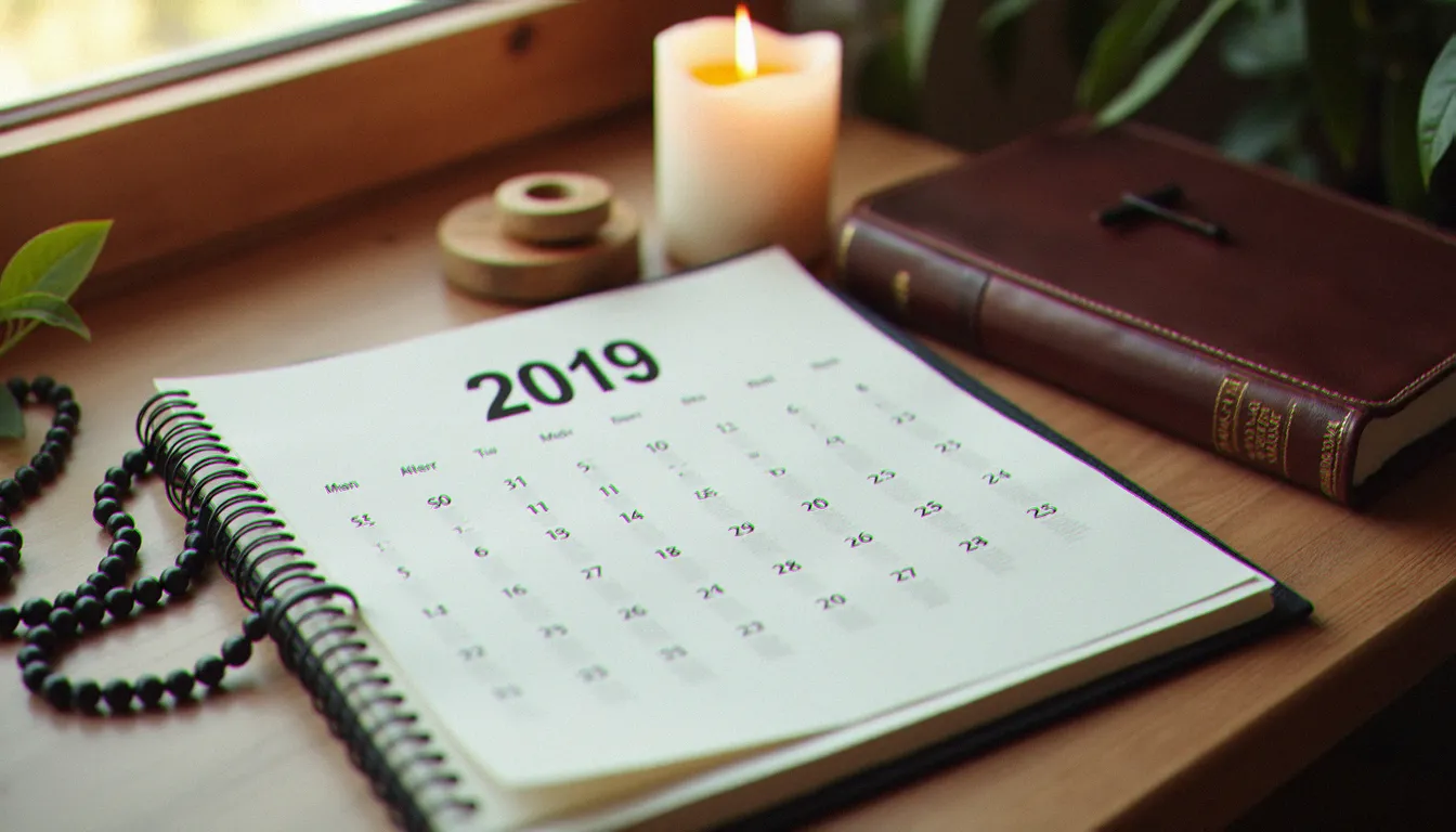 Calendrier vierge 2019 posé sur un bureau en bois à côté d'un chapelet et d'une bougie allumée, illustrant la planification de l'année liturgique