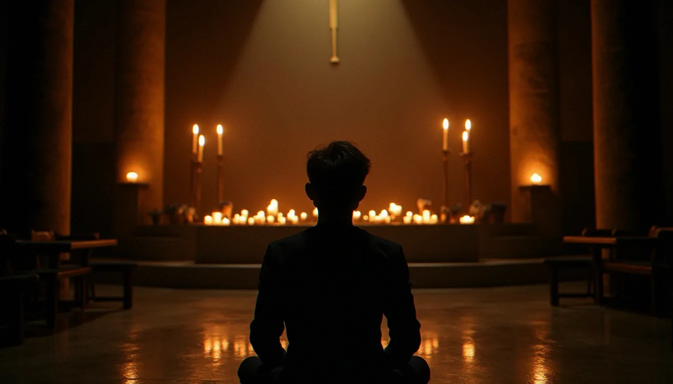 Personne en prière silencieuse dans une chapelle de pierre à la lumière des bougies, illustrant la rencontre entre discernement intérieur et démarche spirituelle chrétienne