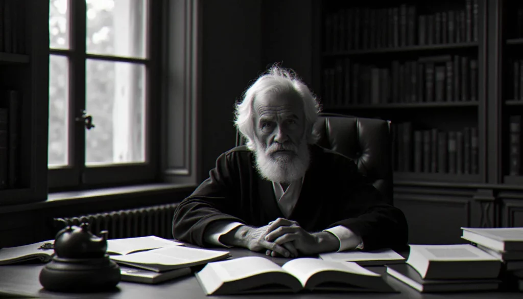 Portrait d'un penseur européen âgé assis à un bureau chargé de livres anciens, évoquant l'univers intellectuel et spirituel de Carl Gustav Jung