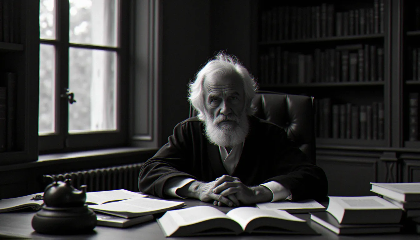 Portrait d'un penseur européen âgé assis à un bureau chargé de livres anciens, évoquant l'univers intellectuel et spirituel de Carl Gustav Jung