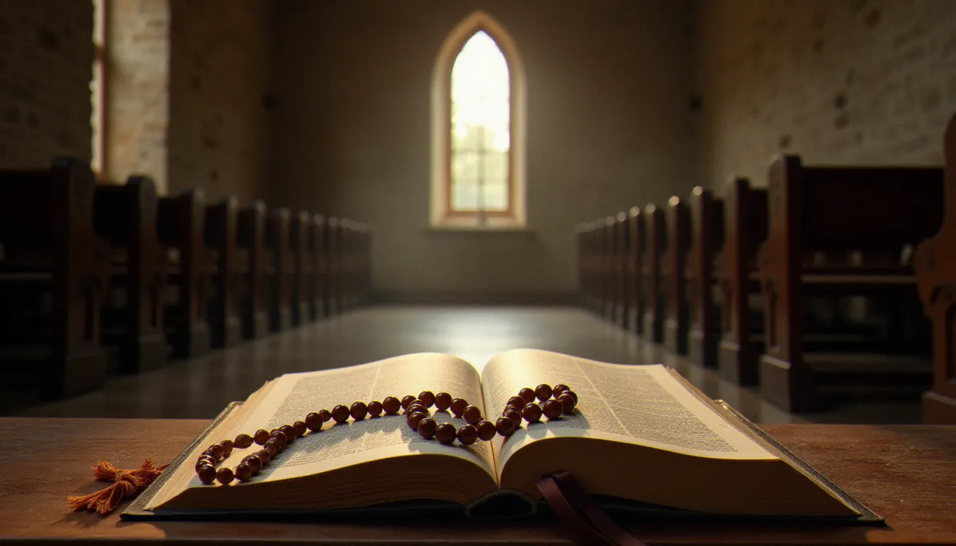 Intérieur d'une chapelle romane baignée de lumière naturelle avec un chapelet en bois posé sur une Bible ouverte, évoquant le discernement spirituel chrétien face aux pratiques alternatives comme le chamanisme