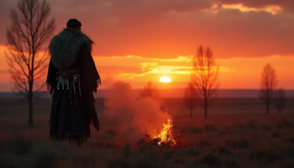 Un chaman en habit cérémoniel traditionnel se tient face au coucher de soleil sur une steppe sibérienne, illustrant l'ancienne pratique du chamanisme dans son contexte culturel d'origine