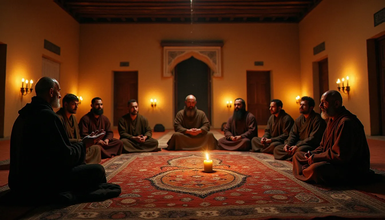 Cercle de disciples assis sur des tapis autour d'un maître spirituel dans une zawiya, éclairés à la bougie lors d'une séance d'enseignement soufi