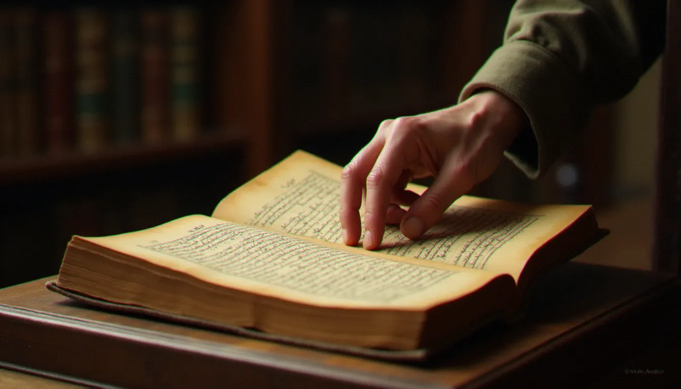 Main d'un homme âgé feuilletant un manuscrit arabe ancien posé sur un lutrin de bois dans une bibliothèque monastique tamisée, évoquant la transmission du savoir soufi