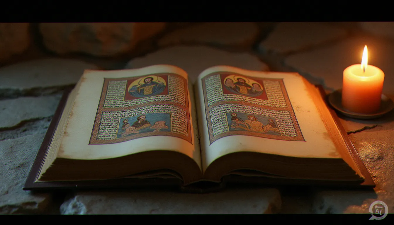 Manuscrit enluminé médiéval ouvert avec des miniatures byzantines dorées représentant des apôtres, témoignant de la transmission écrite du christianisme à travers les âges