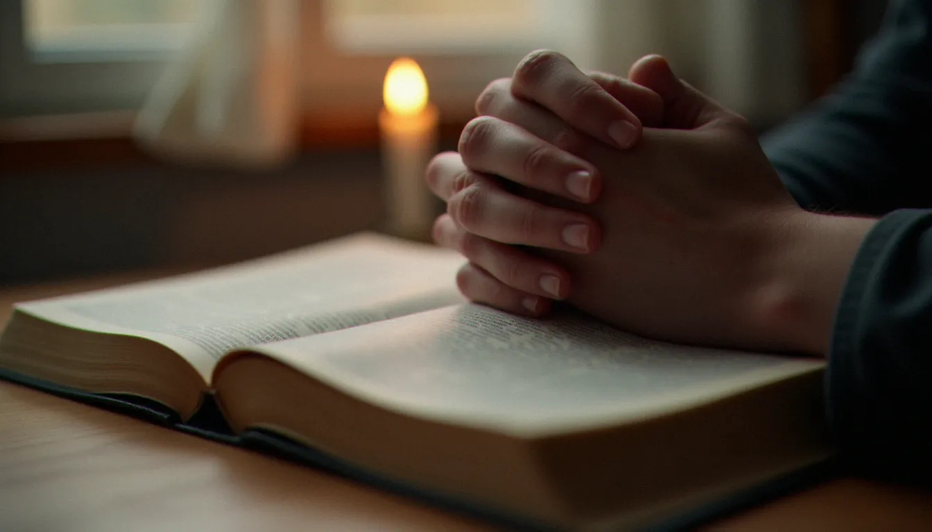Mains jointes en prière posées sur une Bible ouverte éclairée par une bougie, image de la pratique spirituelle quotidienne au cœur du christianisme vécu