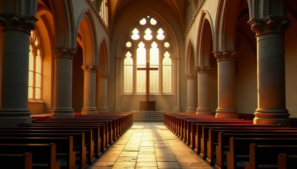 Intérieur d'une église romane baignée de lumière dorée à travers de hautes fenêtres en arc, évoquant la profondeur spirituelle du christianisme à travers les siècles