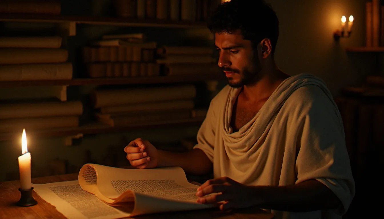 Jeune homme en tenue romaine lisant un rouleau de papyrus à la lumière d'une bougie dans une salle d'étude, évoquant la lecture du Hortensius de Cicéron par le jeune Augustin à Carthage