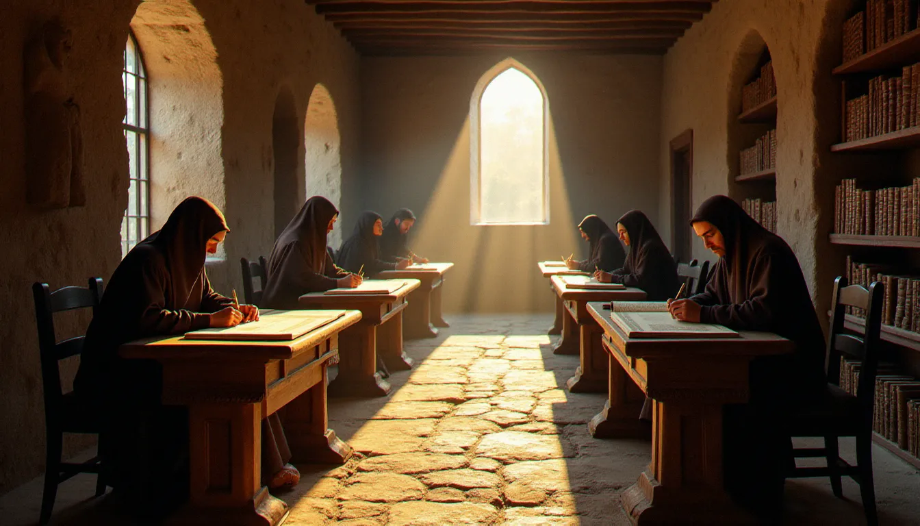 Scriptorium monastique médiéval avec des moines copiant des manuscrits à la lumière du jour, illustrant la transmission et la préservation des œuvres de Cicéron dans les abbayes chrétiennes du Moyen Âge