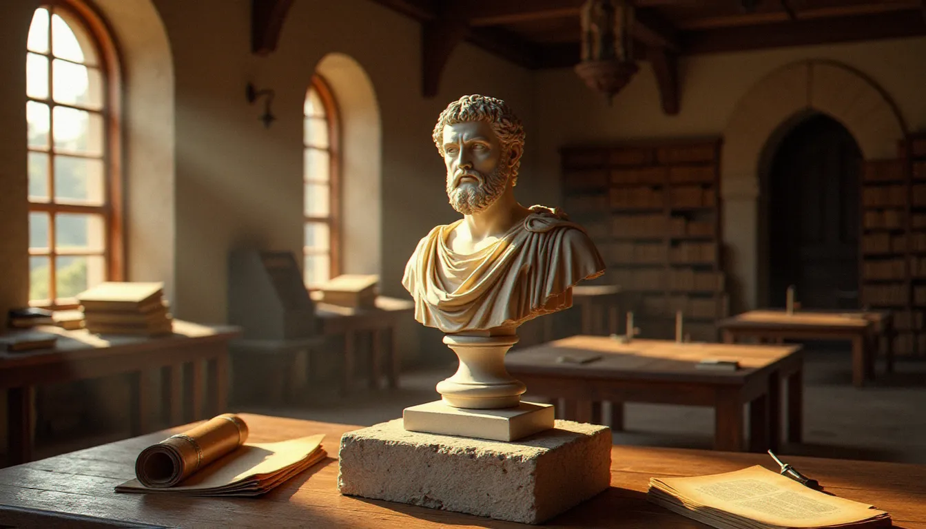 Buste en marbre de Cicéron dans une bibliothèque ancienne entourée de manuscrits et de livres religieux, évoquant l'héritage philosophique de l'orateur romain dans la tradition chrétienne
