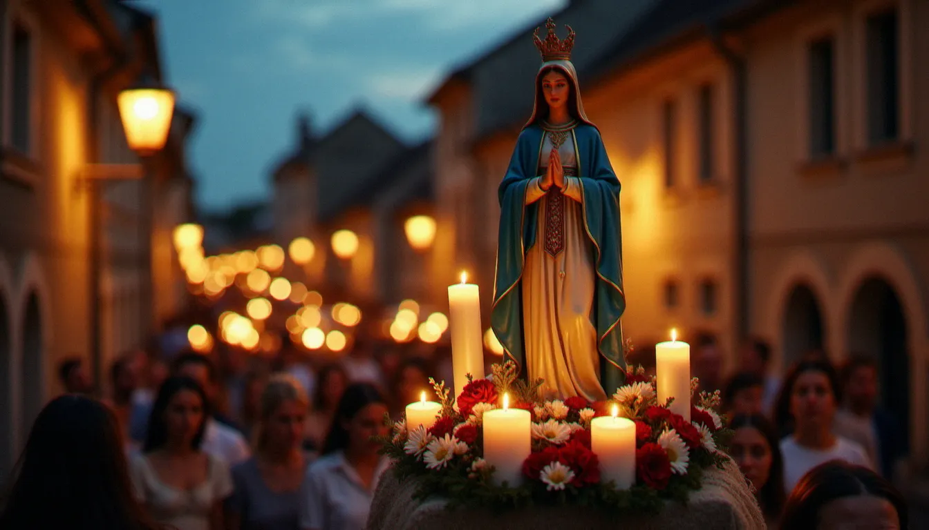 Procession mariale nocturne au village pour la fête de Marie Reine le 22 août, fidèles portant des cierges et une statue couronnée de la Vierge dans une rue pavée