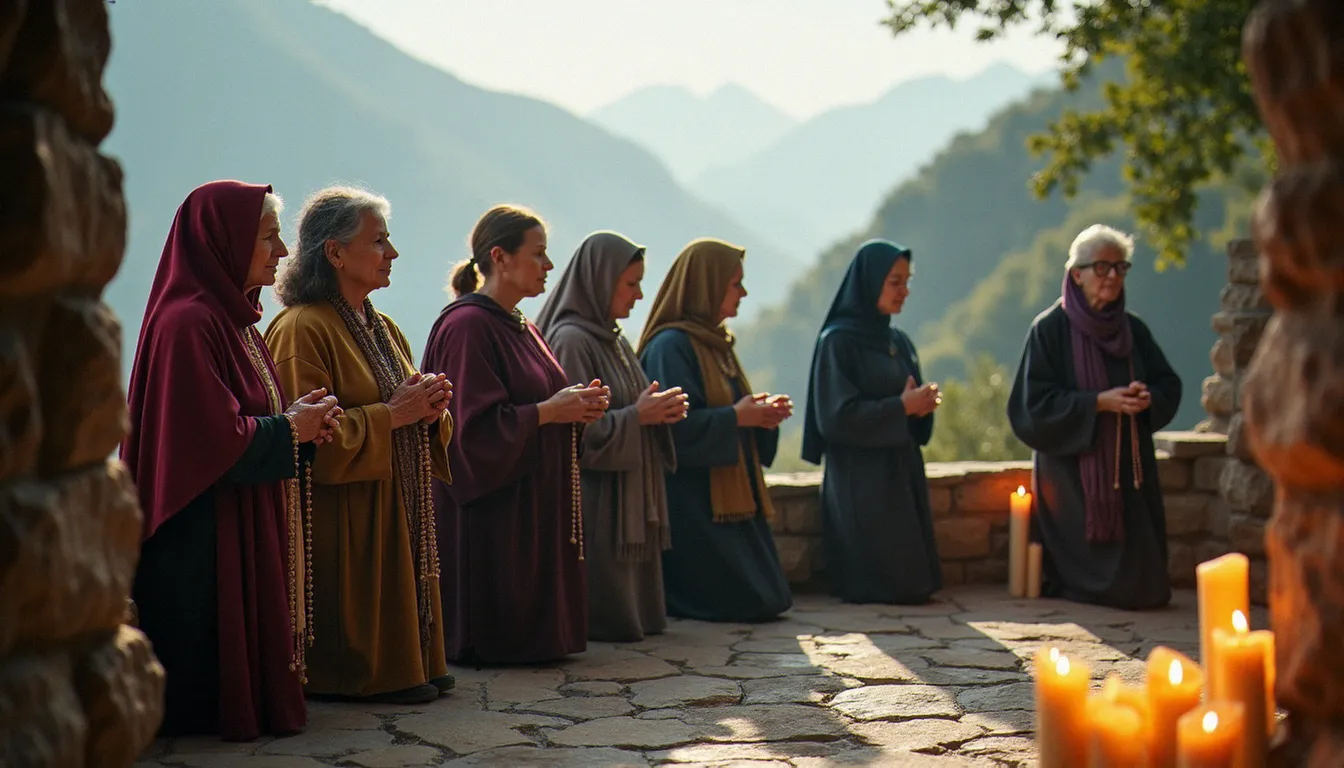 Groupe de pèlerins récitant le chapelet en plein air devant un sanctuaire marial, dans un paysage montagneux baigné de lumière matinale