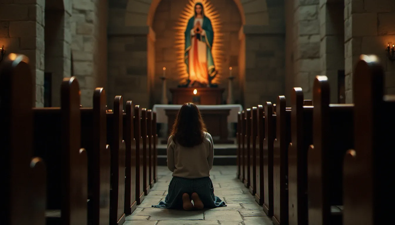 Femme en prière silencieuse dans une église en pierre, genoux à terre devant une image mariale éclairée d'un cierge, incarnant la pratique quotidienne de la communion avec Marie Reine de la Paix