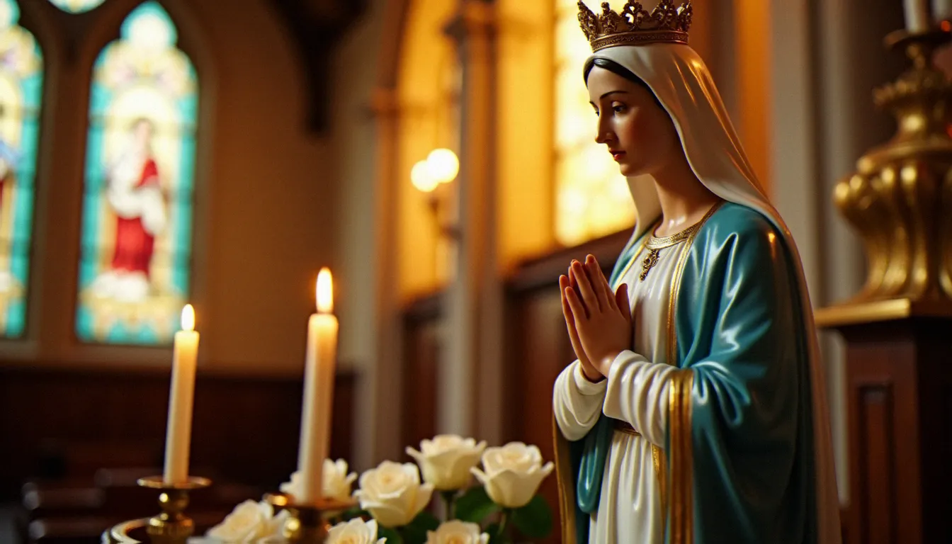 Statue de la Vierge Marie Reine de la Paix couronnée dans une chapelle, entourée de roses blanches et éclairée par des bougies, évoquant la communion mariale