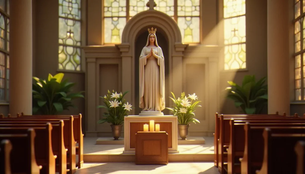 Statue couronnée de Marie Reine dans une chapelle catholique éclairée à la lumière dorée, évoquant la communion marie reine dans un cadre de prière contemplative