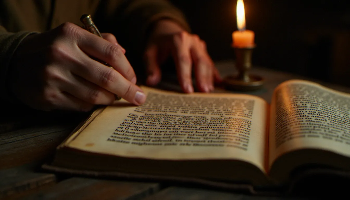Mains tenant un manuscrit enluminé à la lumière d'une bougie, évoquant la transmission des écrits mystiques chrétiens sur la souffrance et la condition humaine